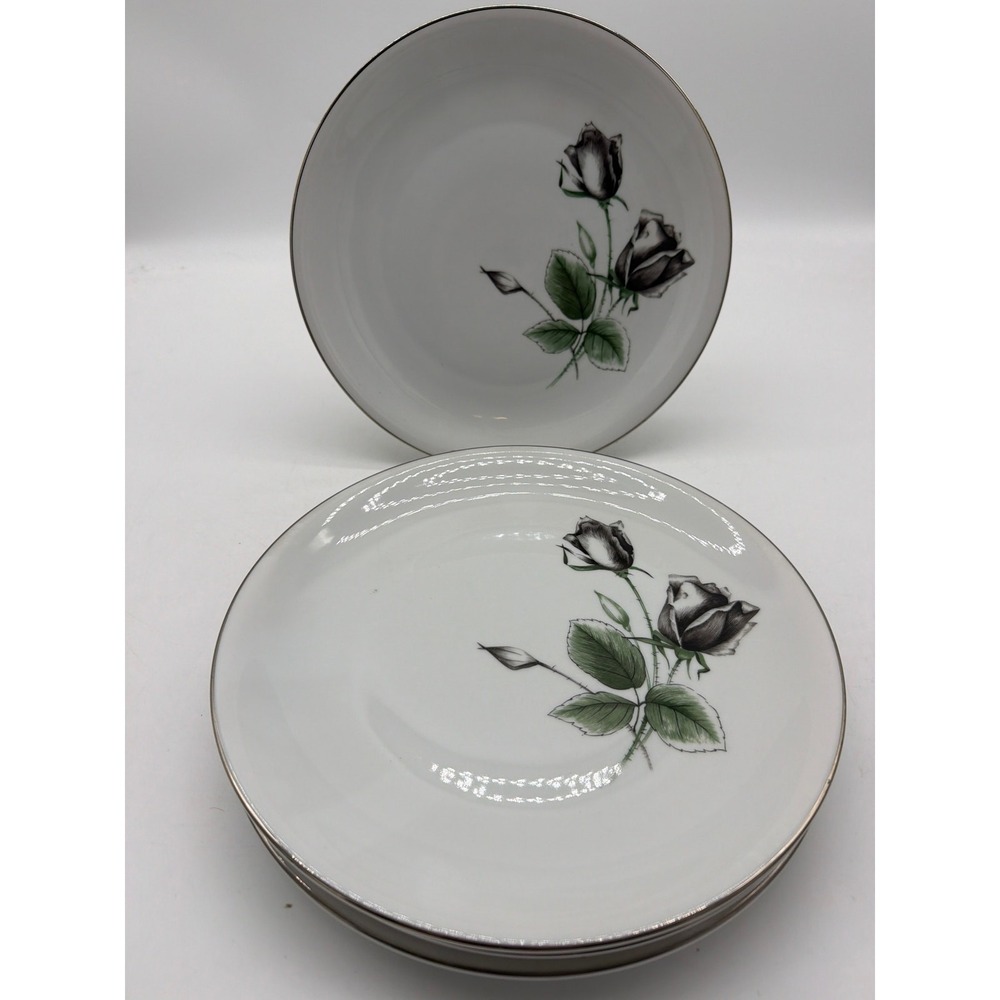 4 Vtg Stonegate Germany Bavarian Midnight Rose Dinner Plate 9 7/8" Platinum Trim